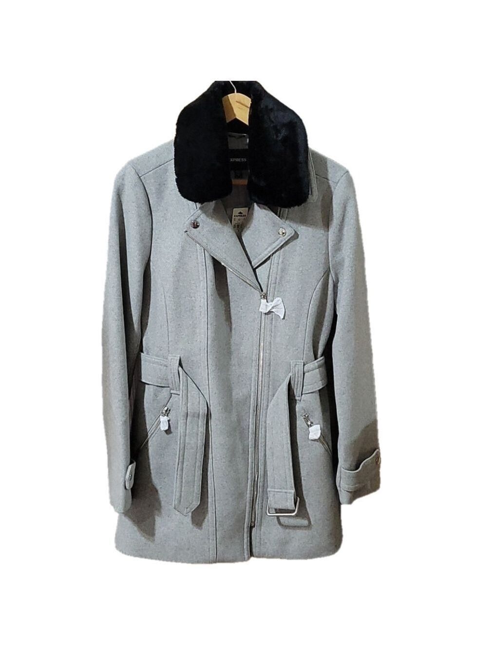Express Women Moto Jacket Faux Fur Collar Belted Wool Blend Grey Size M